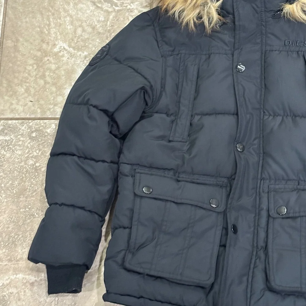 Diesel Kids Black Puffer Parka Jacket Faux Fur Hood Sherpa Lined Size M 10/12